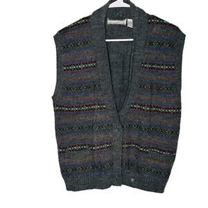 Bramble Lane Gray Acrylic Sleeveless Button Front Striped Sweater Vest Size L
